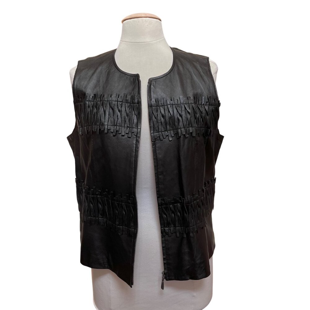 Peter Nygard Womens Black Lamb Leather Sleeveless Vest Fringe‎ Accents Size 14
